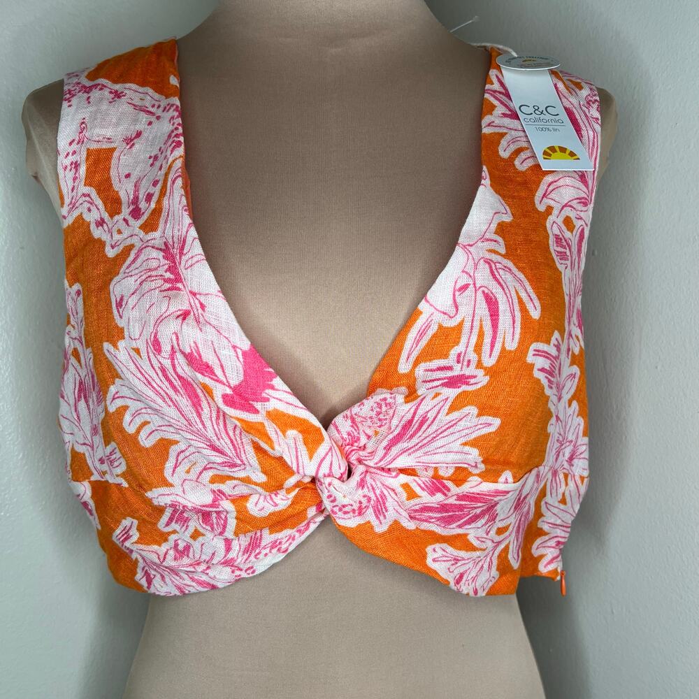 C&C California Linen Crop Top Womens Large Tiger Novelty Tropical Floral Resort